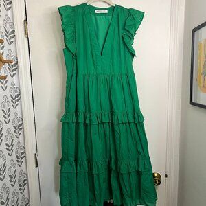 Amanda Uprichard // Green Ruffle Midi Dress // V-Neck Tiered // M